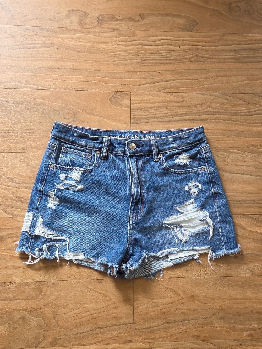 American Eagle Outfitters Blue Distressed High-Rise Denim Shorts